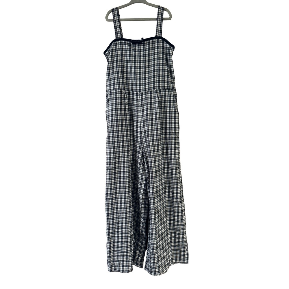 Abercrombie Kids Navy White Plaid Wide Leg Jumpsuit Velvet Trim Size 9/10